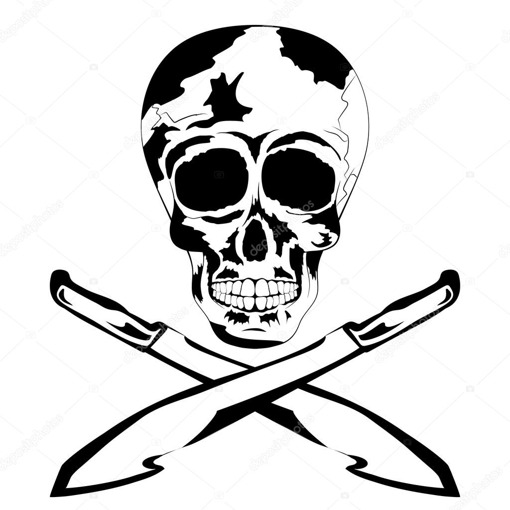 1024x1024 Black And White Human Skull With Machete. Tattoo Skull Stock
