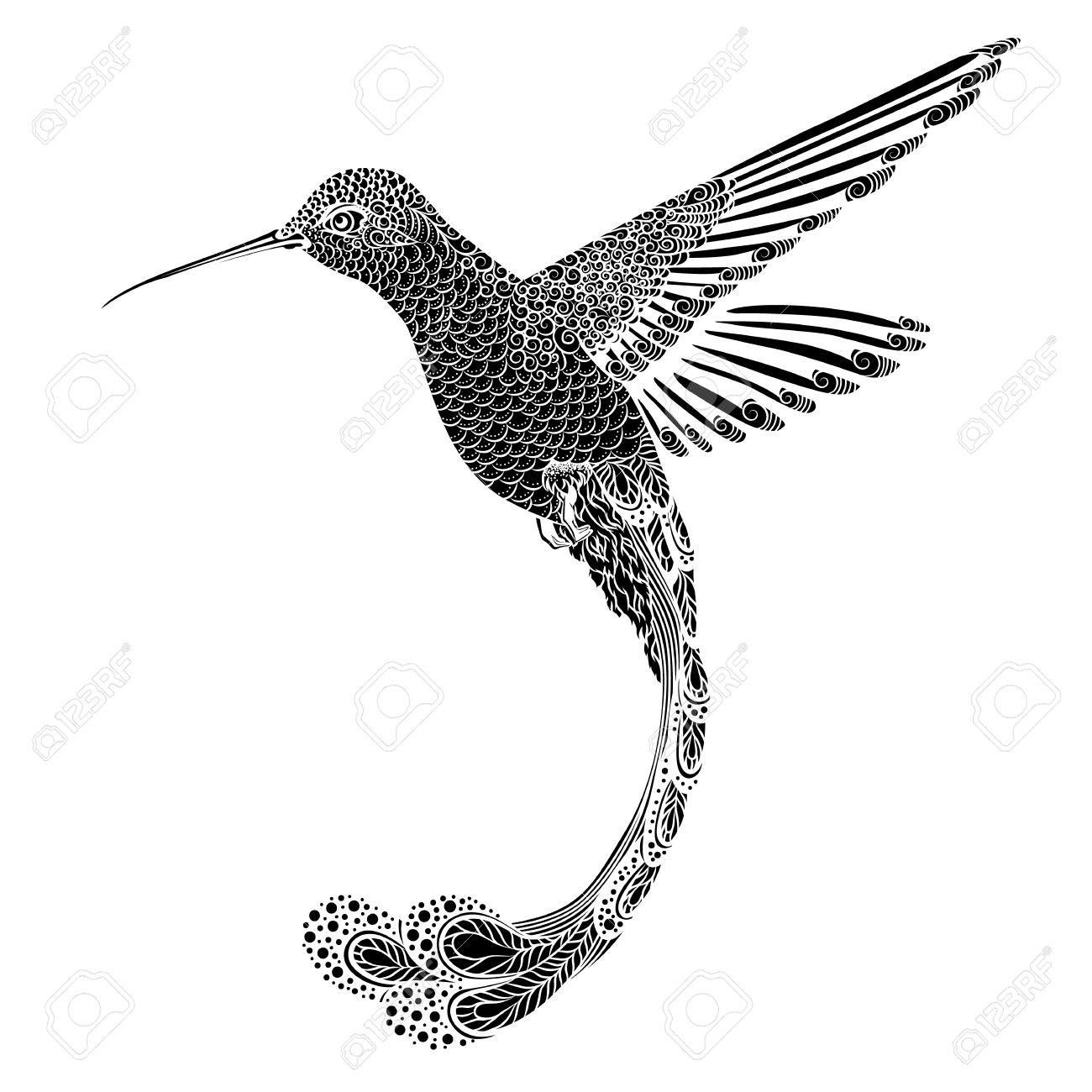 1300x1300 Hummingbird Tattoo. Psychedelic, Zentangle Style. Vector