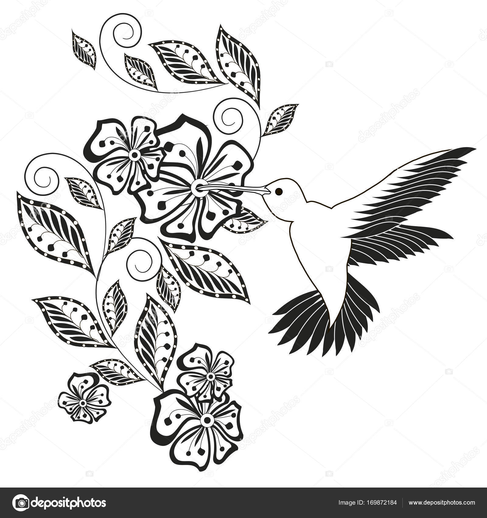 1600x1700 Monochrome Hand Drawn Decorative Floral Element, Hummingbird