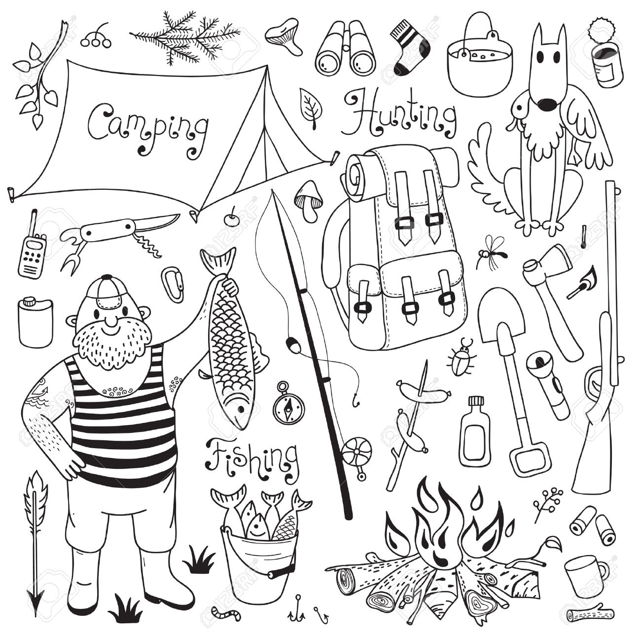 1300x1300 Fishing, Hunting, Camping Set. Hand Drawing Design Elements