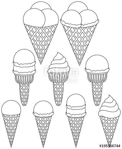 409x500 Black And White Line Art Icon Ice Cream Cone 3 Ball Set. Stock