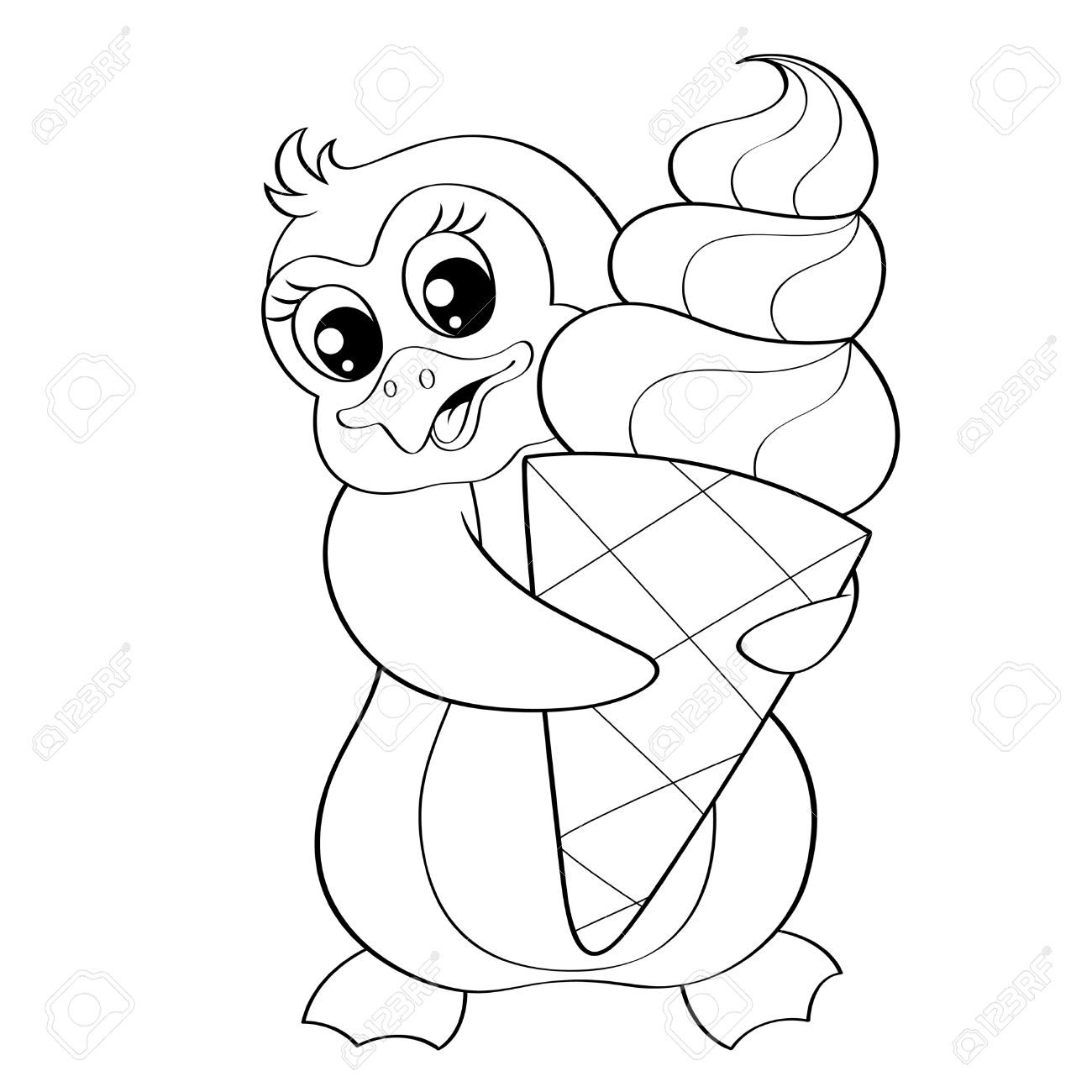 1300x1300 Cartoon Penguin With Ice Cream. Black And White Vector