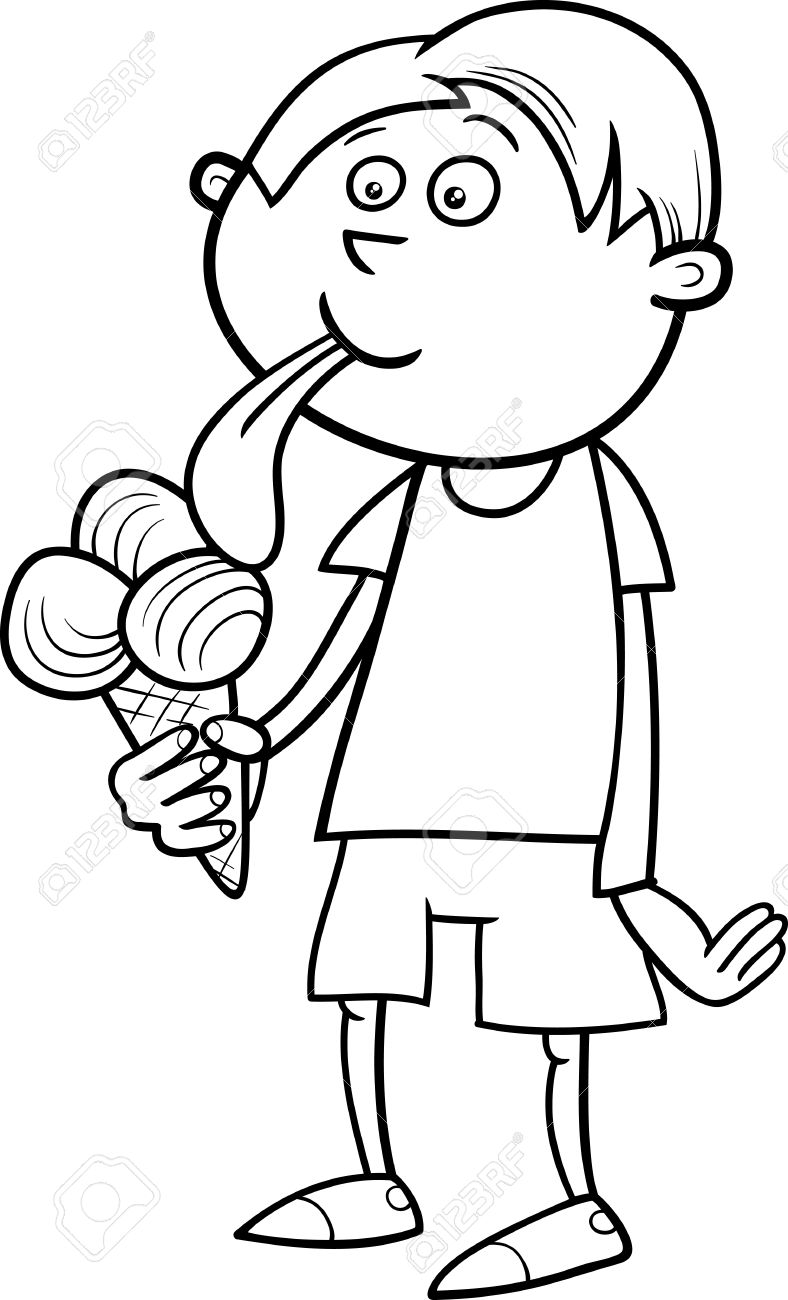 788x1300 Black And White Cartoon Illustration Of Kid Boy Eating Ice Cream
