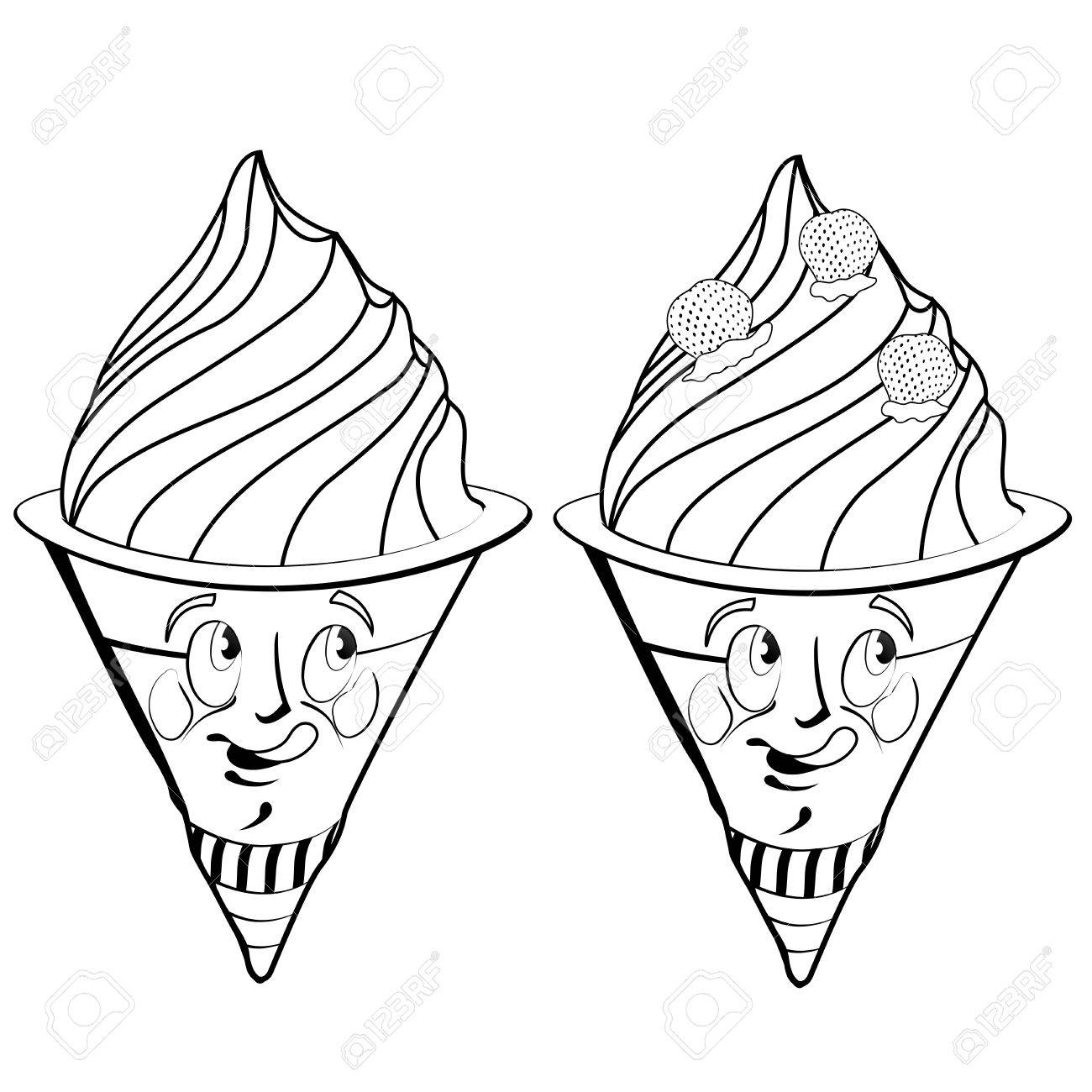 1300x1300 Strawberry Ice Cream Cartoon Drawing Style Black On White Royalty