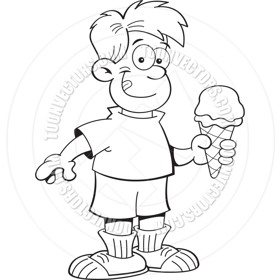 940x940 Cartoon Boy Eating An Ice Cream Cone (Black And White Line Art) By