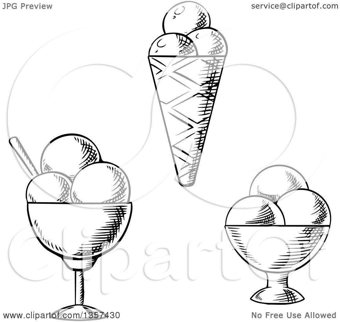 1080x1024 Clipart Of Black And White Sketched Ice Cream Sundaes And A Cone