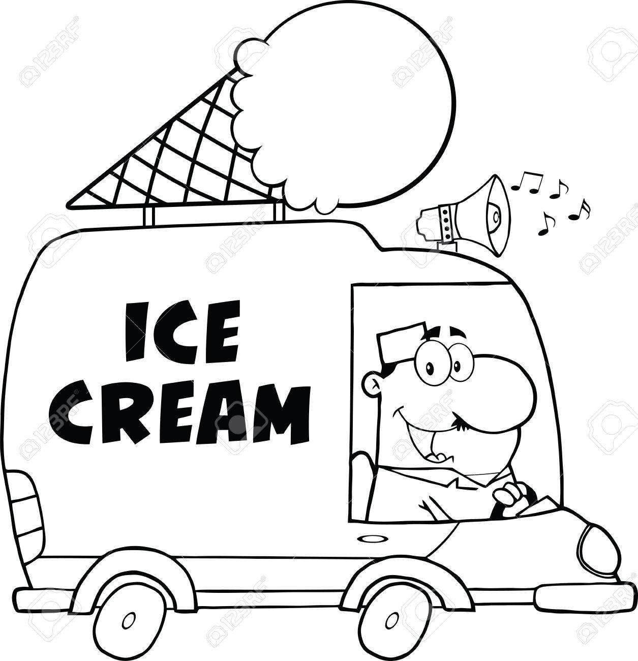 1255x1300 Black And White Happy Ice Cream Man Driving Truck Royalty Free