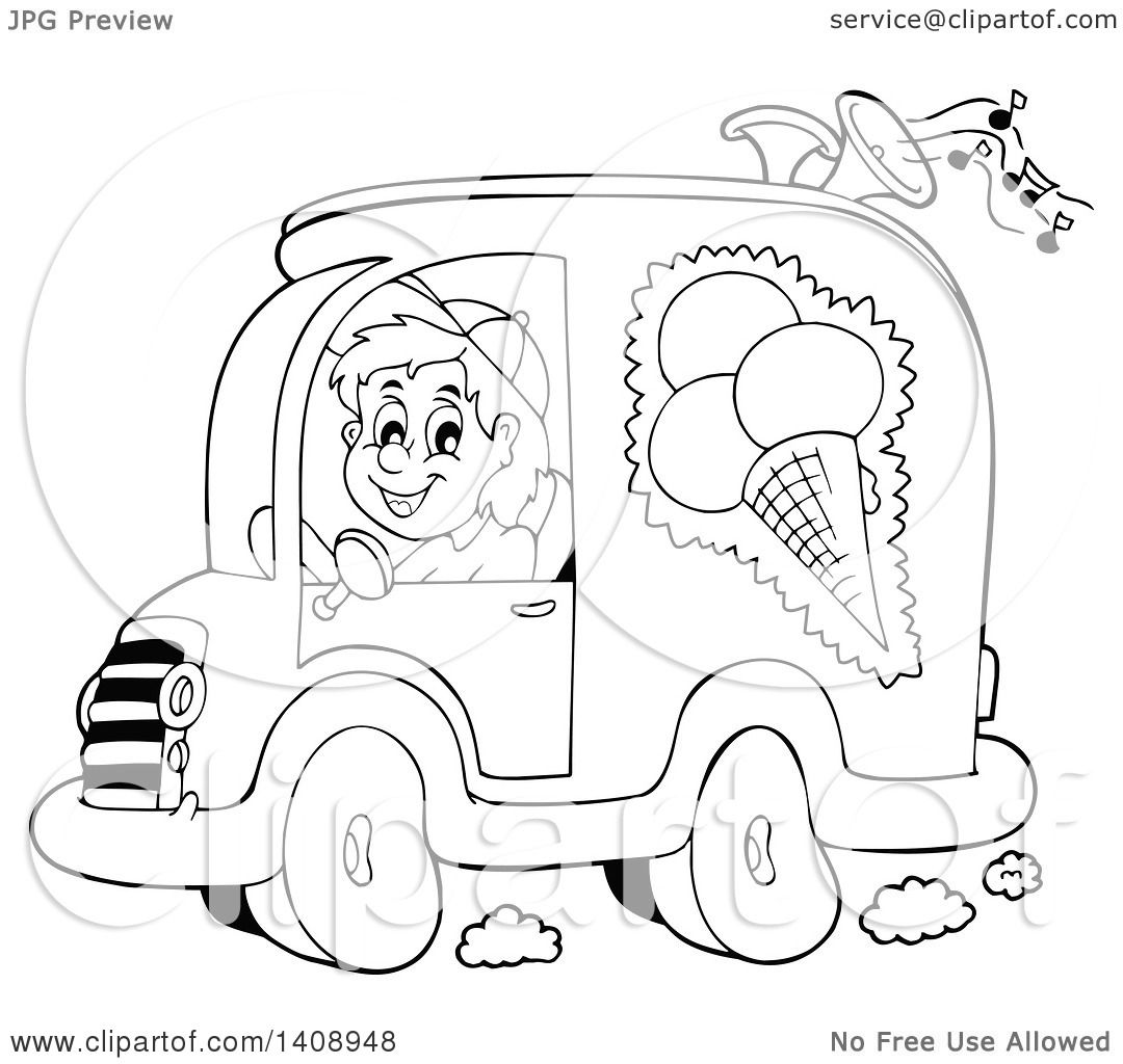 1080x1024 Clipart Of A Black And White Lineart Ice Cream Truck Driver