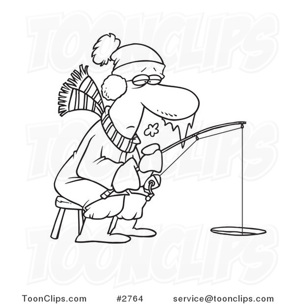 581x600 Cartoon Black And White Line Drawing Of A Frozen Guy Ice Fishing