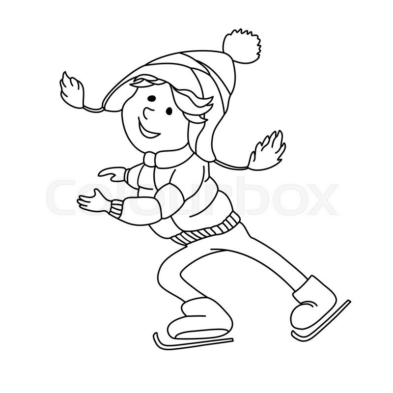 800x800 Boy Skating On Ice. Outline Cartoon Character For Coloring Book