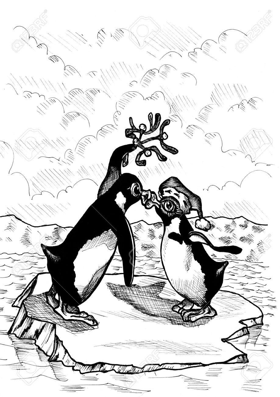 919x1300 3361151 Pen And Ink Drawing Of Two Penguins On An Iceberg Kissing