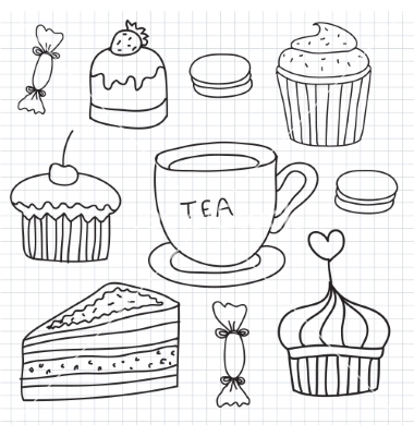 380x400 Set Of Hand Drawn Cakes Sweets Tea Cup Vector By Marylia17