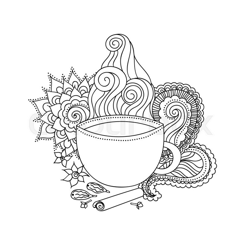 800x800 Black And White Hand Drawn Illustration. Cup Of Indian Masala Tea