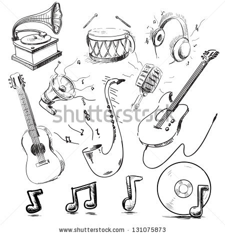 450x470 Musical Instruments And Icons Collection. Hand Drawing Sketch