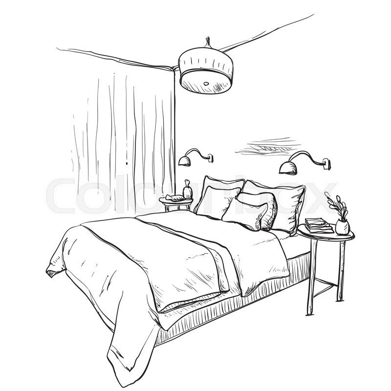 800x800 Bedroom Interior Sketch. Hand Drawn Furniture And Bedclothes