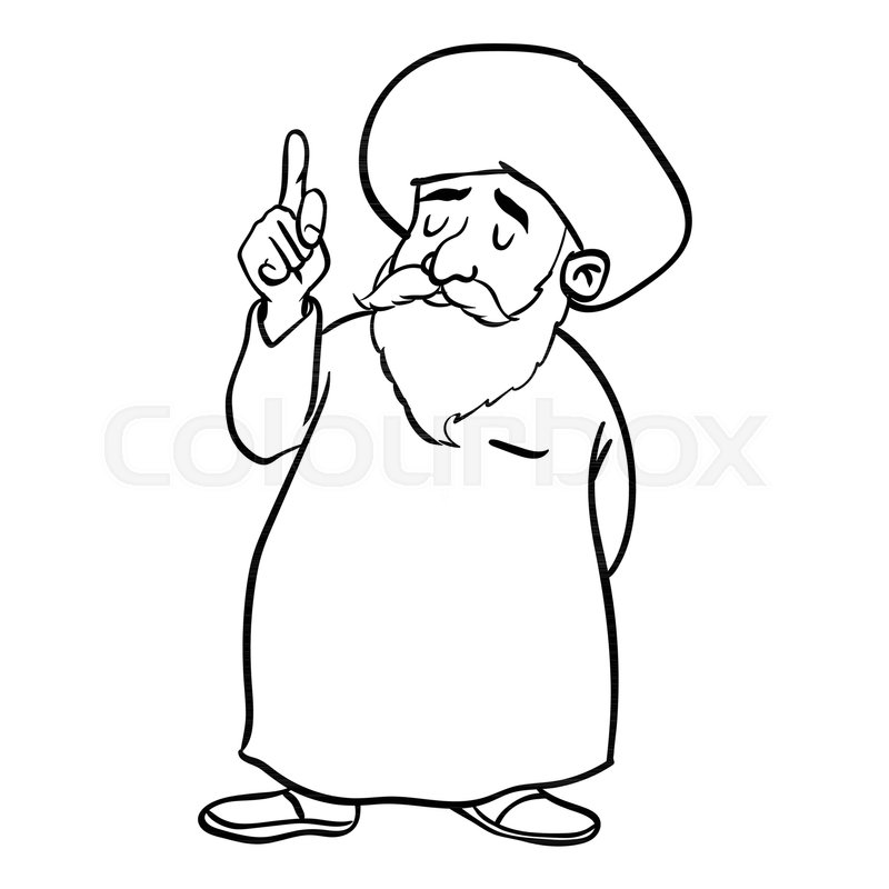 800x800 Hand Drawing Of Cartoon Muslim Old Man Standing, Pointer Finger Up