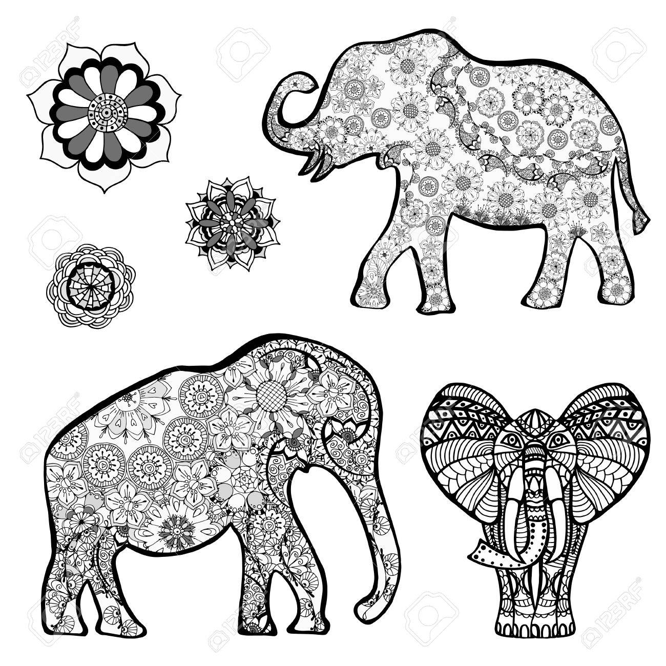 1300x1300 Set Of Vector Drawing Of A Elephant With Ethnic Patterns Of India