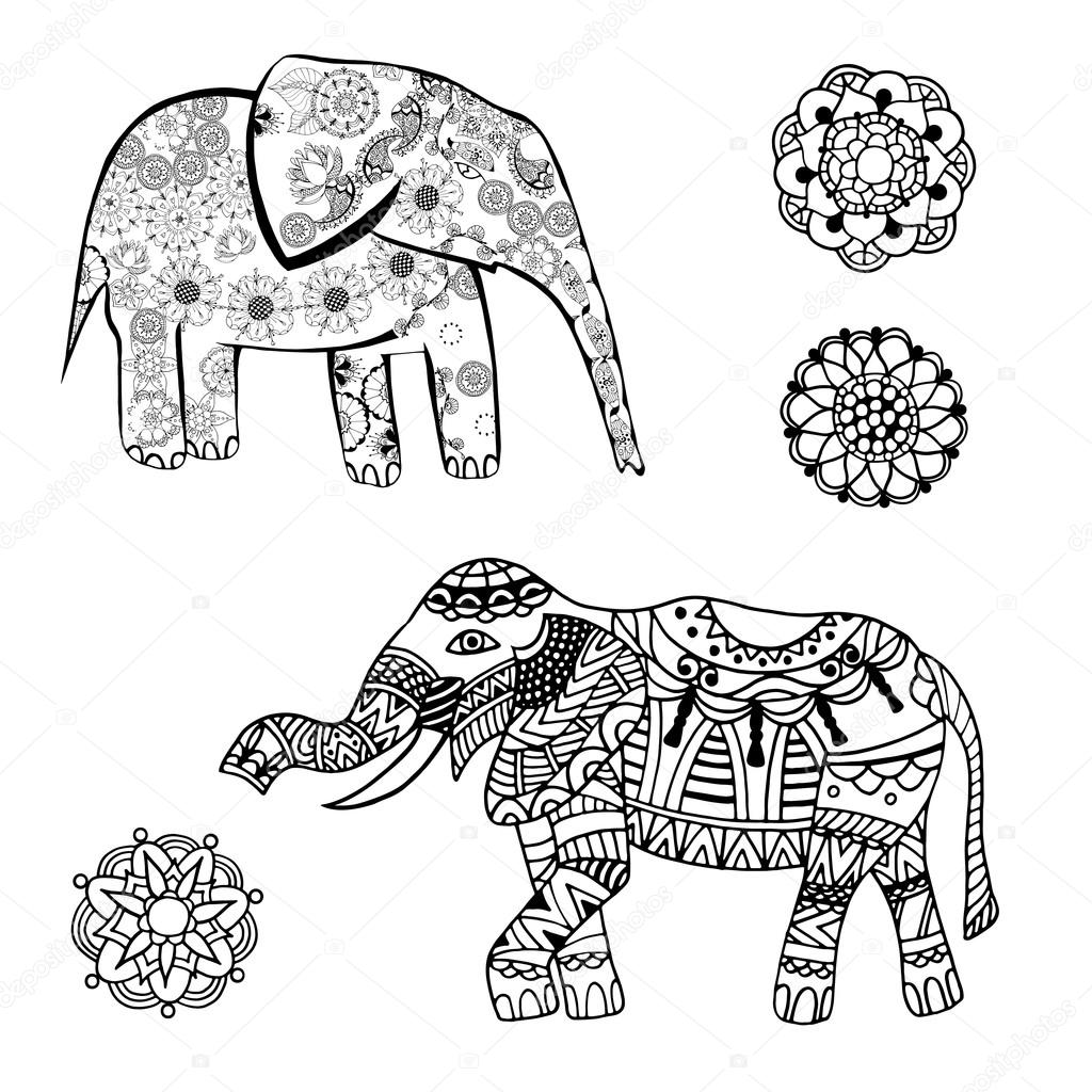 1024x1024 Vector Drawing Of A Elephant With Ethnic Patterns Of India. On