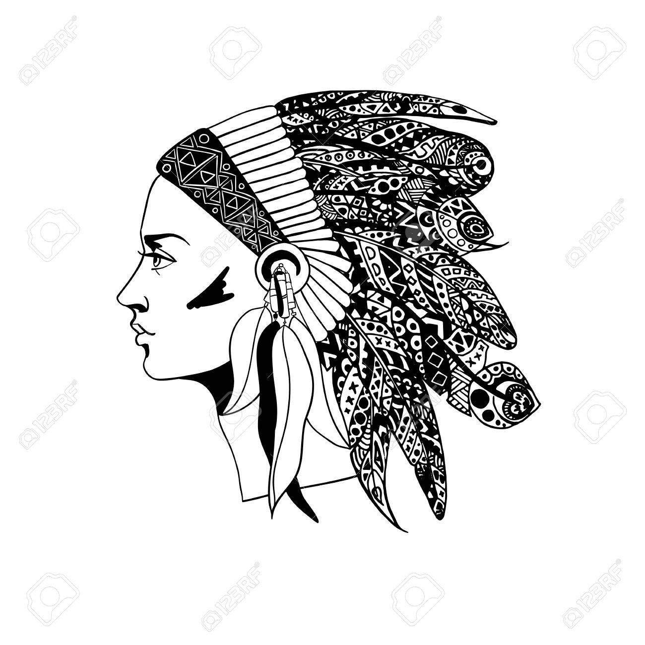 1300x1300 The Profile Of A Girl In Traditional Headdress Of An Indian Chief