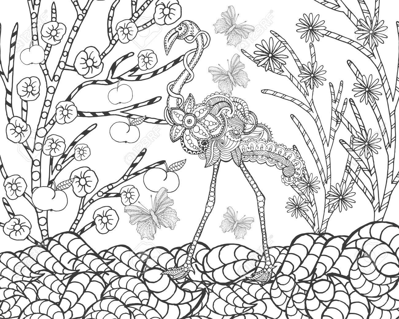 1300x1040 Flamingo In Flower Garden. Animals. Hand Drawn Doodle. Ethnic