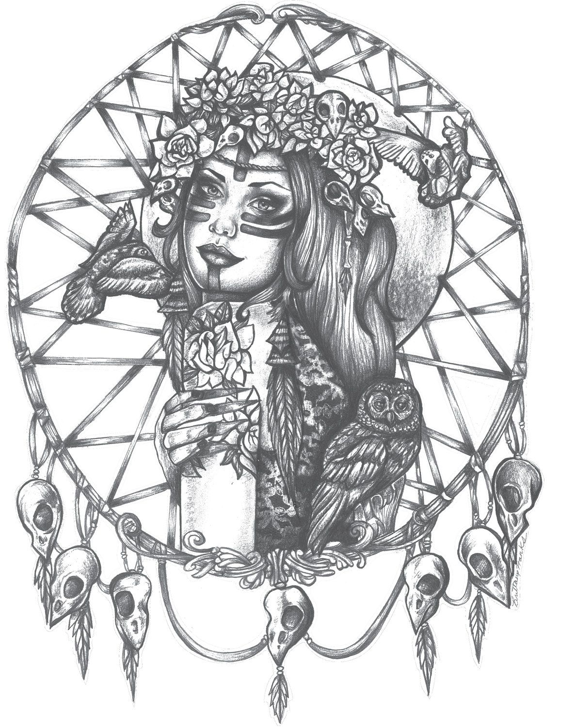 1186x1500 Native American Indian Girl In Skull Dreamcatcher Print Bird