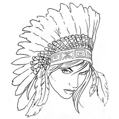 500x500 Outline Indian Girl Portrait Tattoo Design Coloring Pages