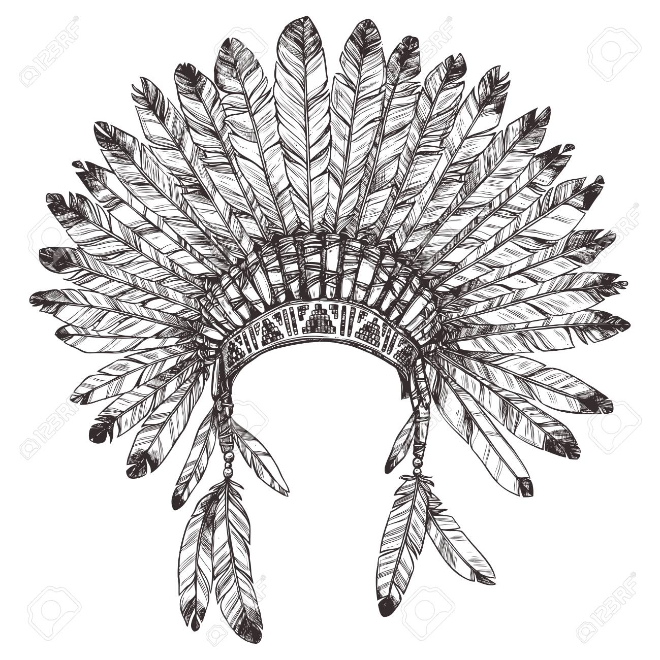 1299x1300 Hand Drawing Of Native American Indian Headdress. Royalty Free