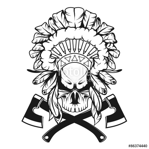 500x500 Skull In Indian Headdress With Tomahawks. Stock Image And Royalty
