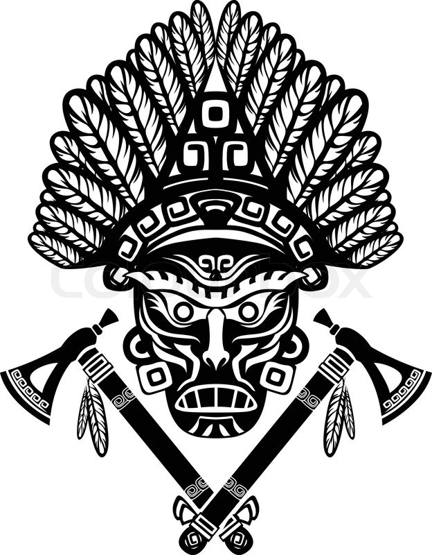 624x800 American Indian Mask With Headdress Of Feathers And Crossed