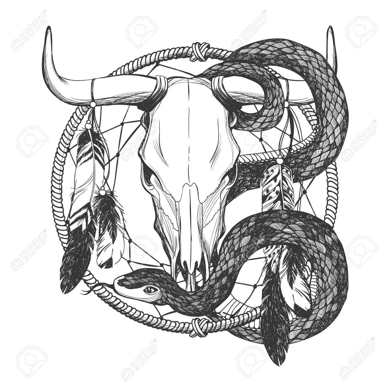 1300x1300 Bull Skull With Feathers, Snake And Dreamcatcher. Native American