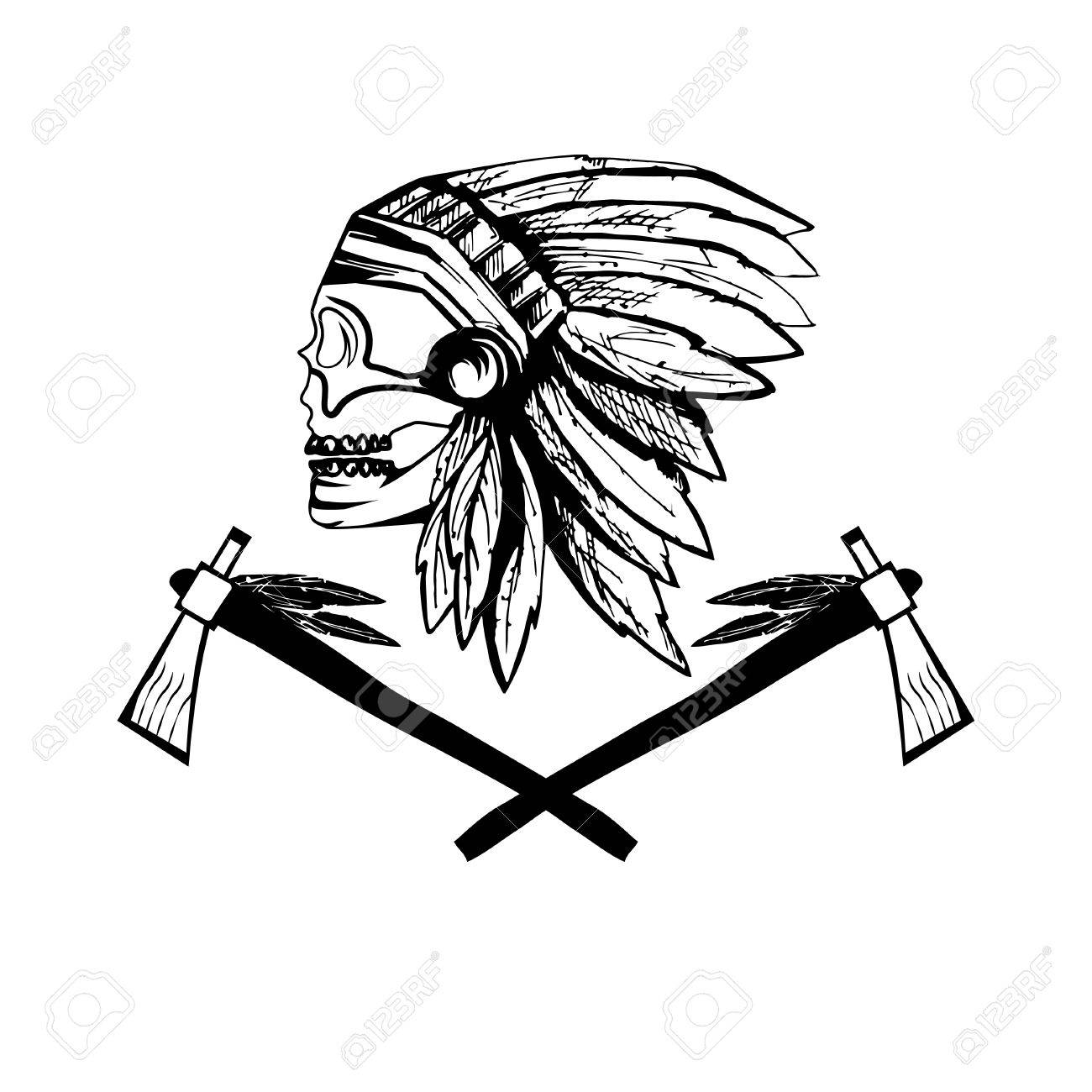 1300x1300 Native American Chief Skull In Tribal Headdress With Tomahawks