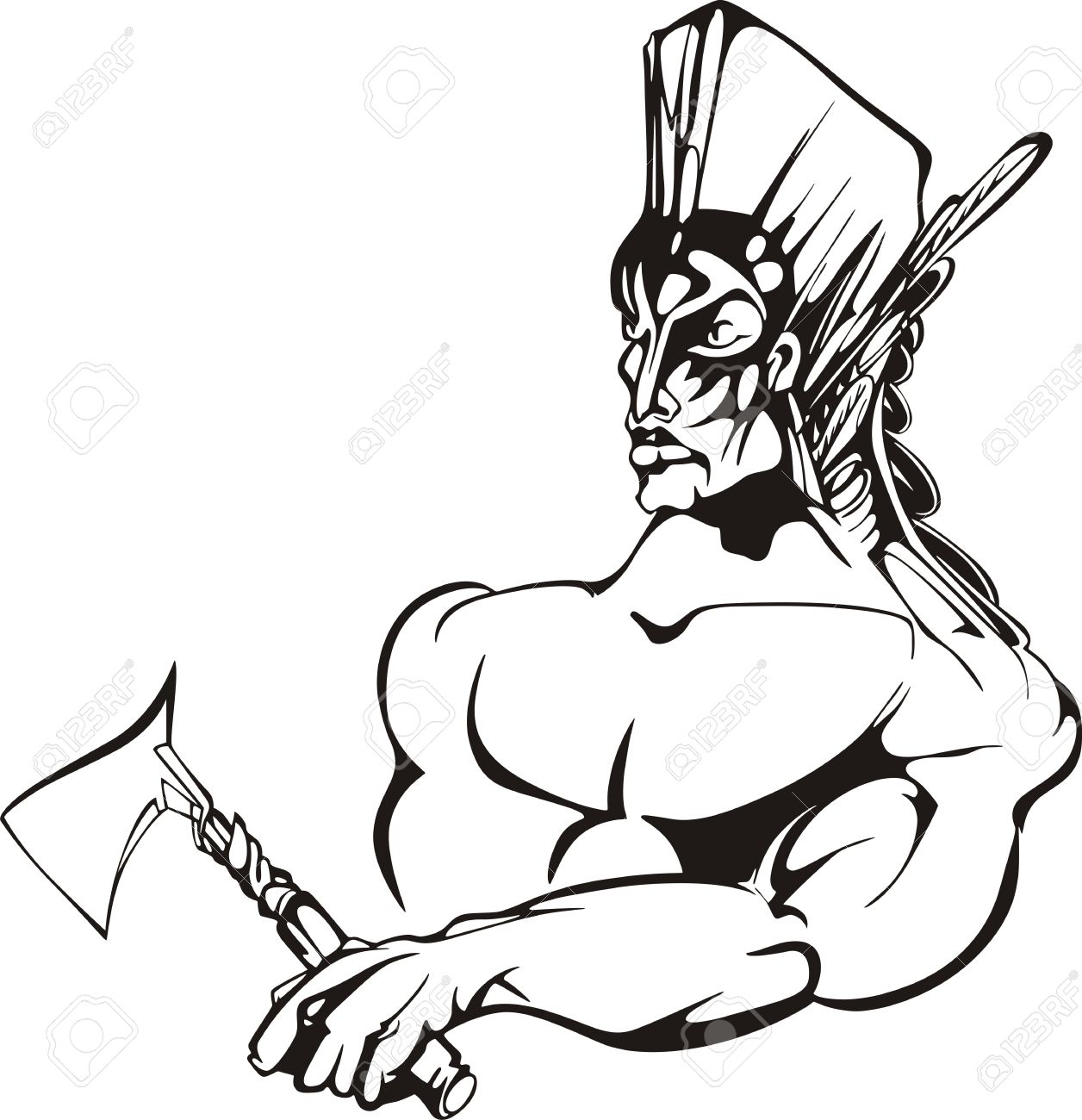 1256x1300 American Indian Warrior. Black And White Vector Illustration