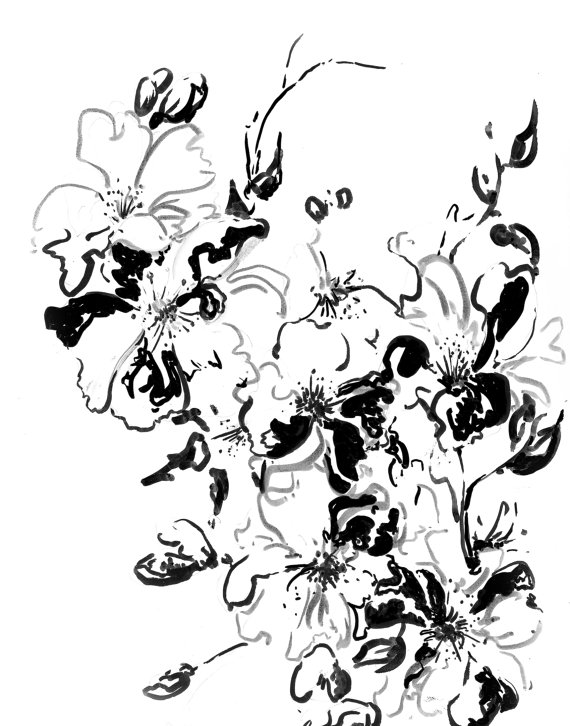 570x726 Abstract Black And White Flowers Ink Drawing Art Print, Modern