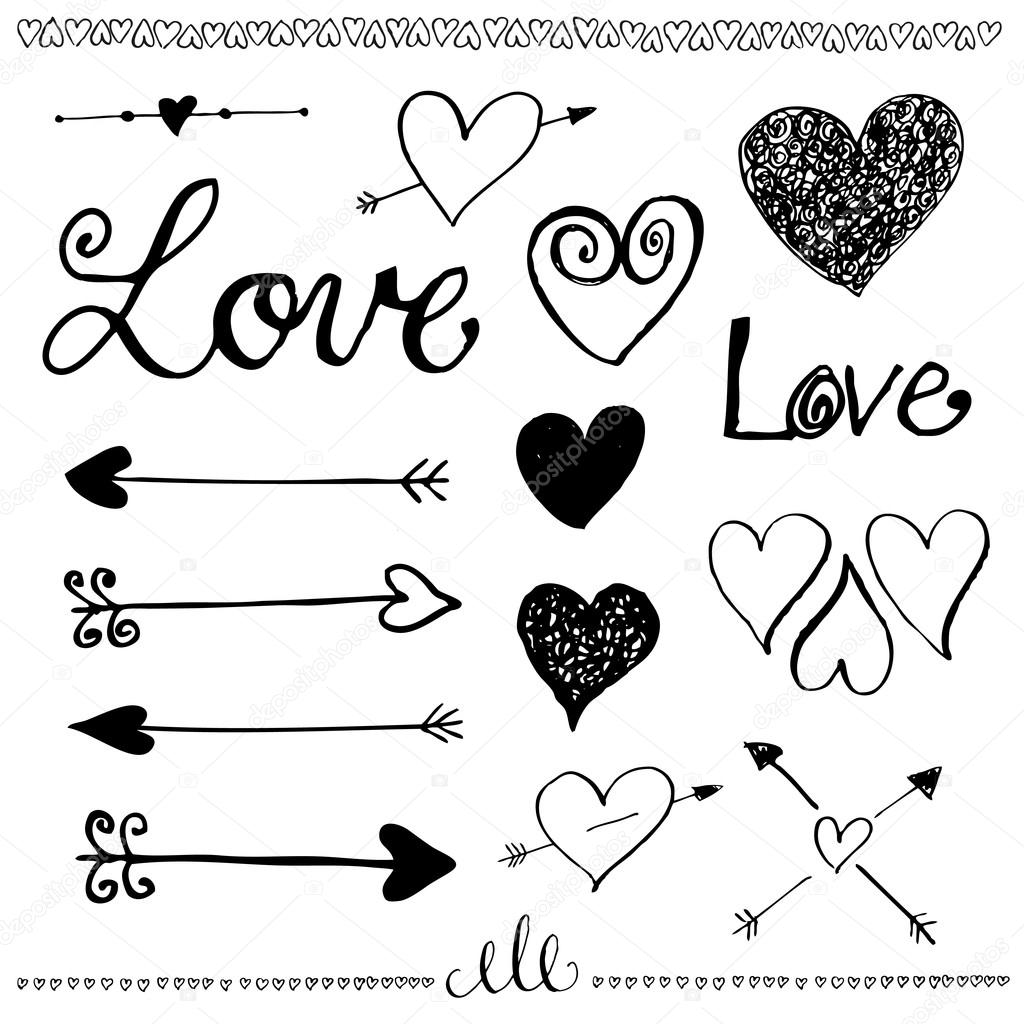 1024x1024 Ink Hand Drawn Doodle Love Set. Heart And Arrow. Stock Vector