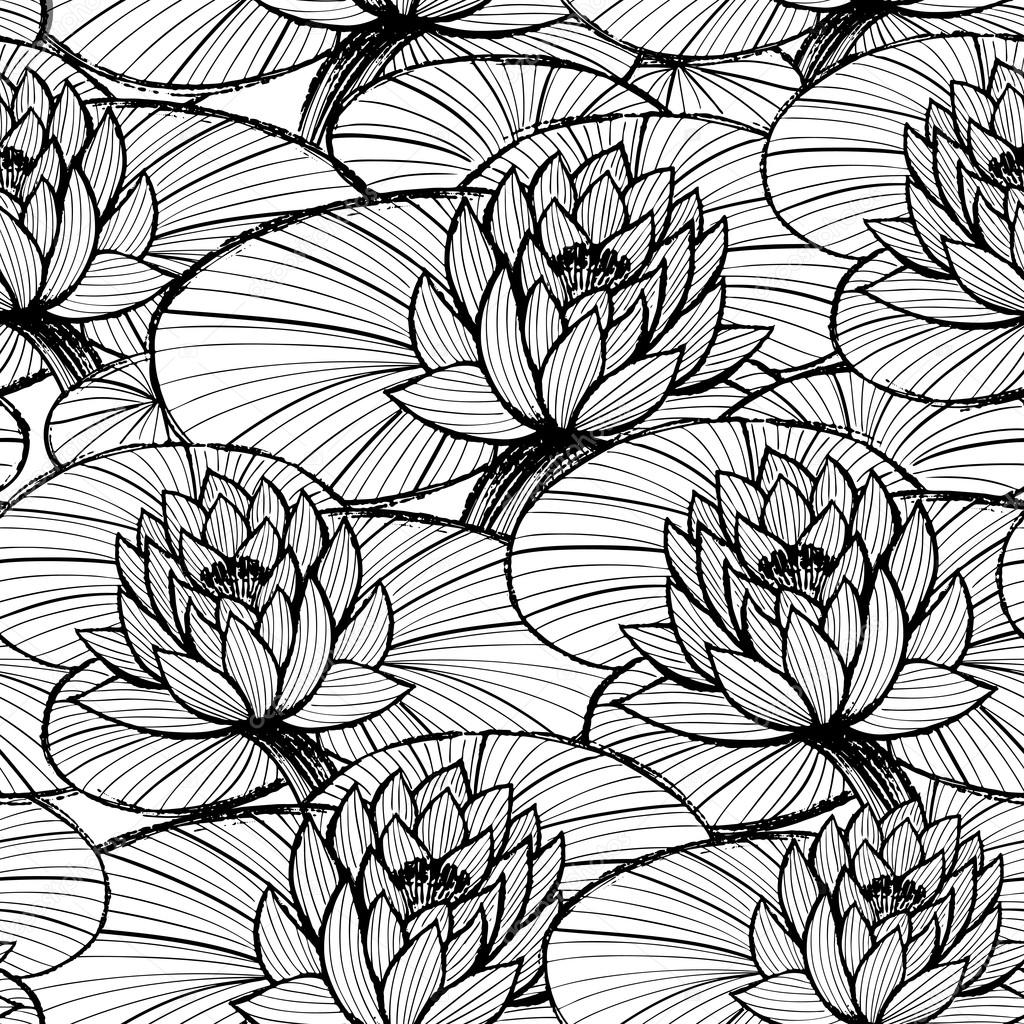 1024x1024 Lotus Ink Hand Drawn Seamless Patternlack And White Water Lily