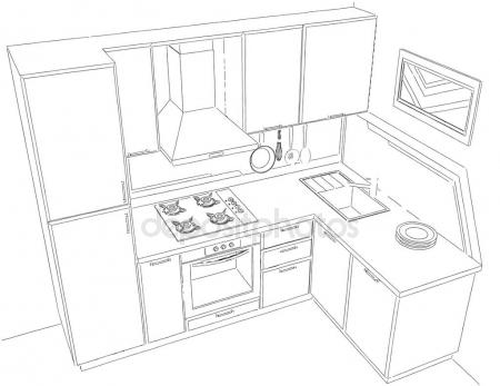 450x347 Modern Corner Kitchen Interior Pencil Drawing. Stock Photo