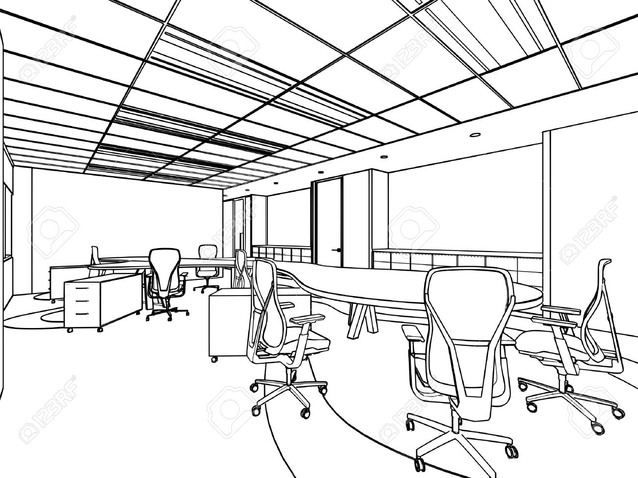 1300x975 Outline Sketch Drawing Of A Interior Space Office Stock Photo