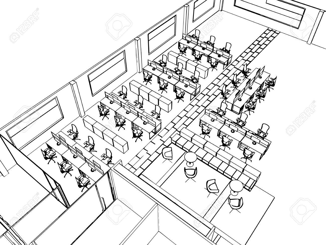 1300x975 Outline Sketch Drawing Perspective Of A Interior Space Office
