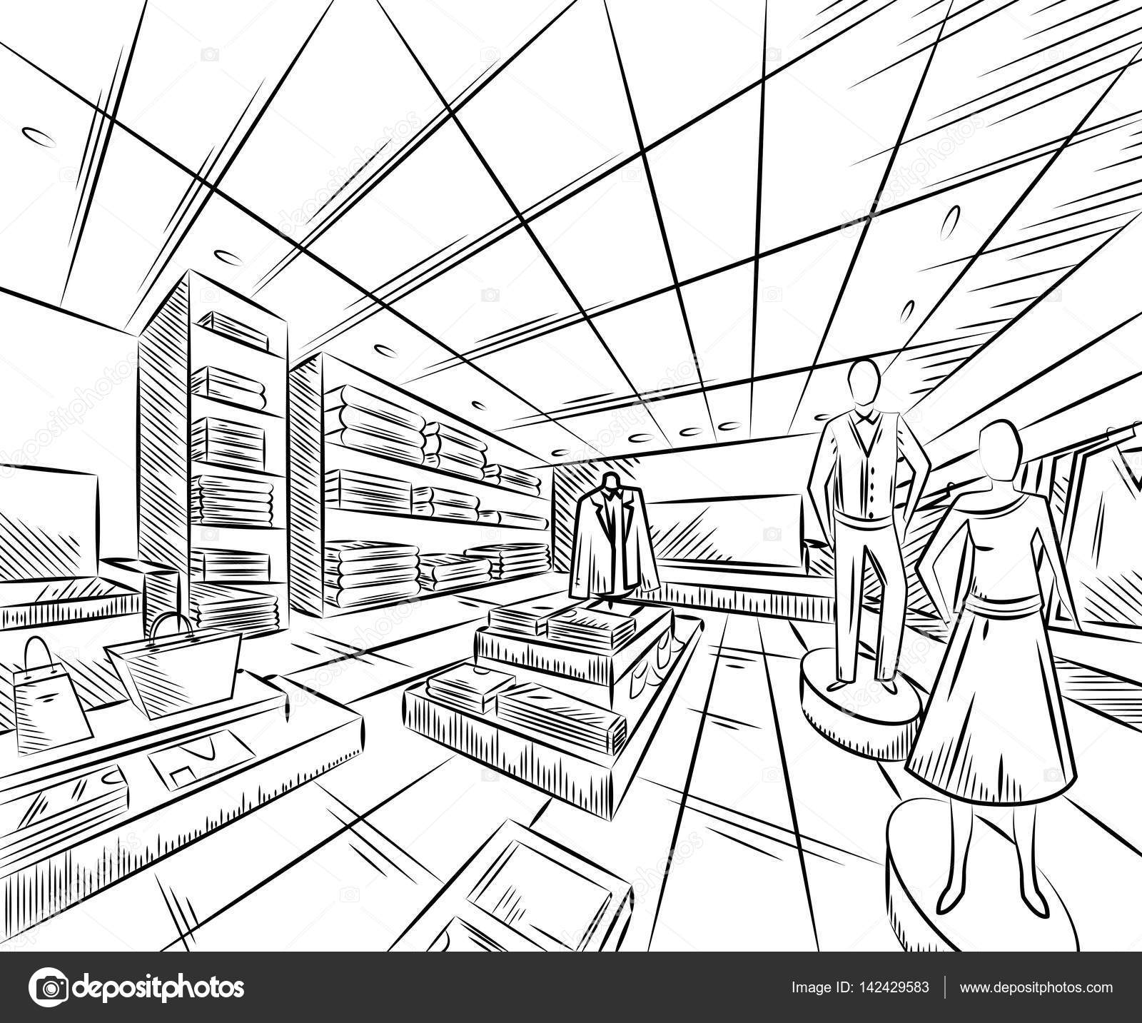 1600x1433 Fashion Store Interior Design In Sketch Style. Vintage Hand Drawn