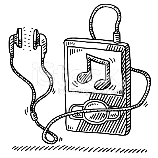 556x556 Hand Drawn Vector Drawing Of A Mp3 Player And Earphones, A Music