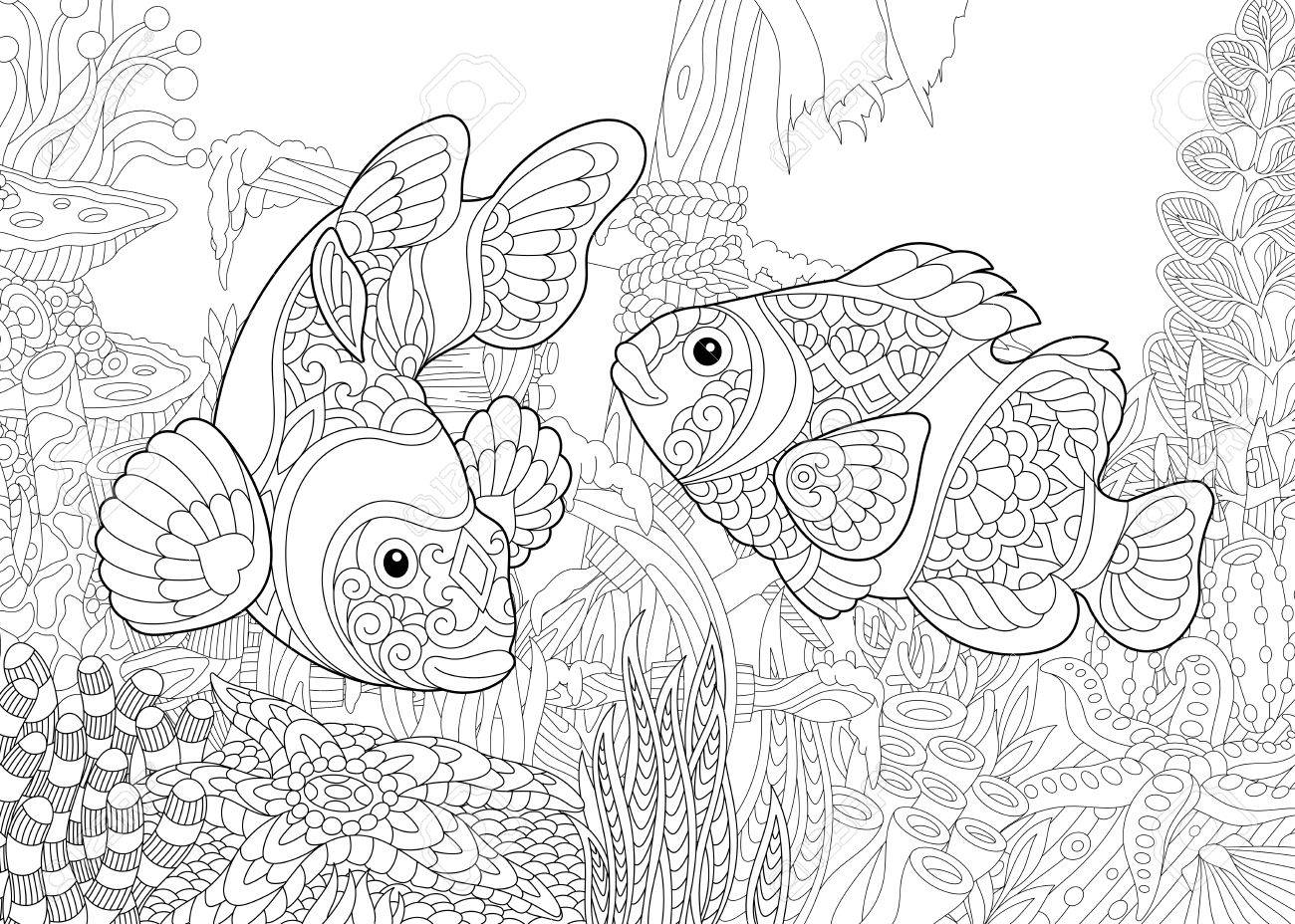 1300x928 Coloring Page Underwater World. Clown Fish On The Background