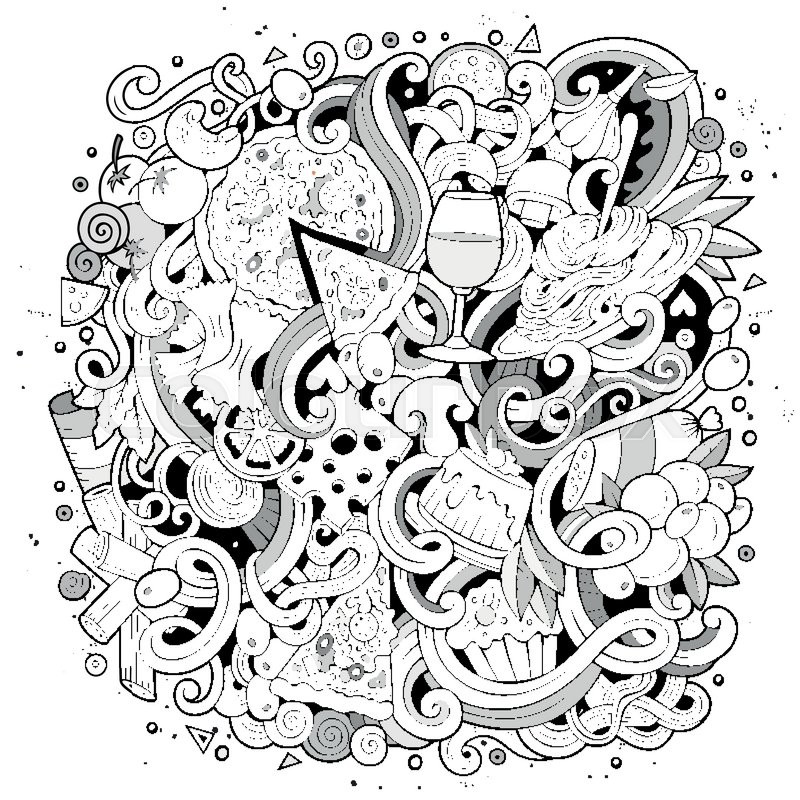 800x800 Cartoon Cute Doodles Hand Drawn Italian Food Illustration. Line