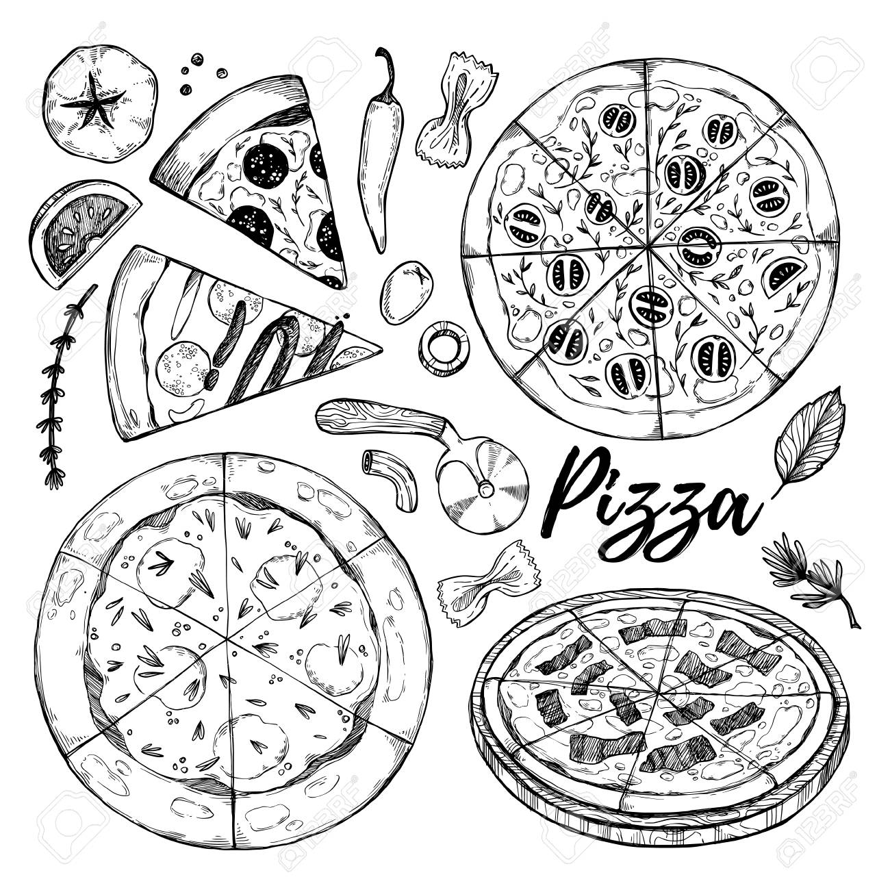 1300x1300 Hand Drawn Vector Illustrations. Pizza. Italian Food (Pizza