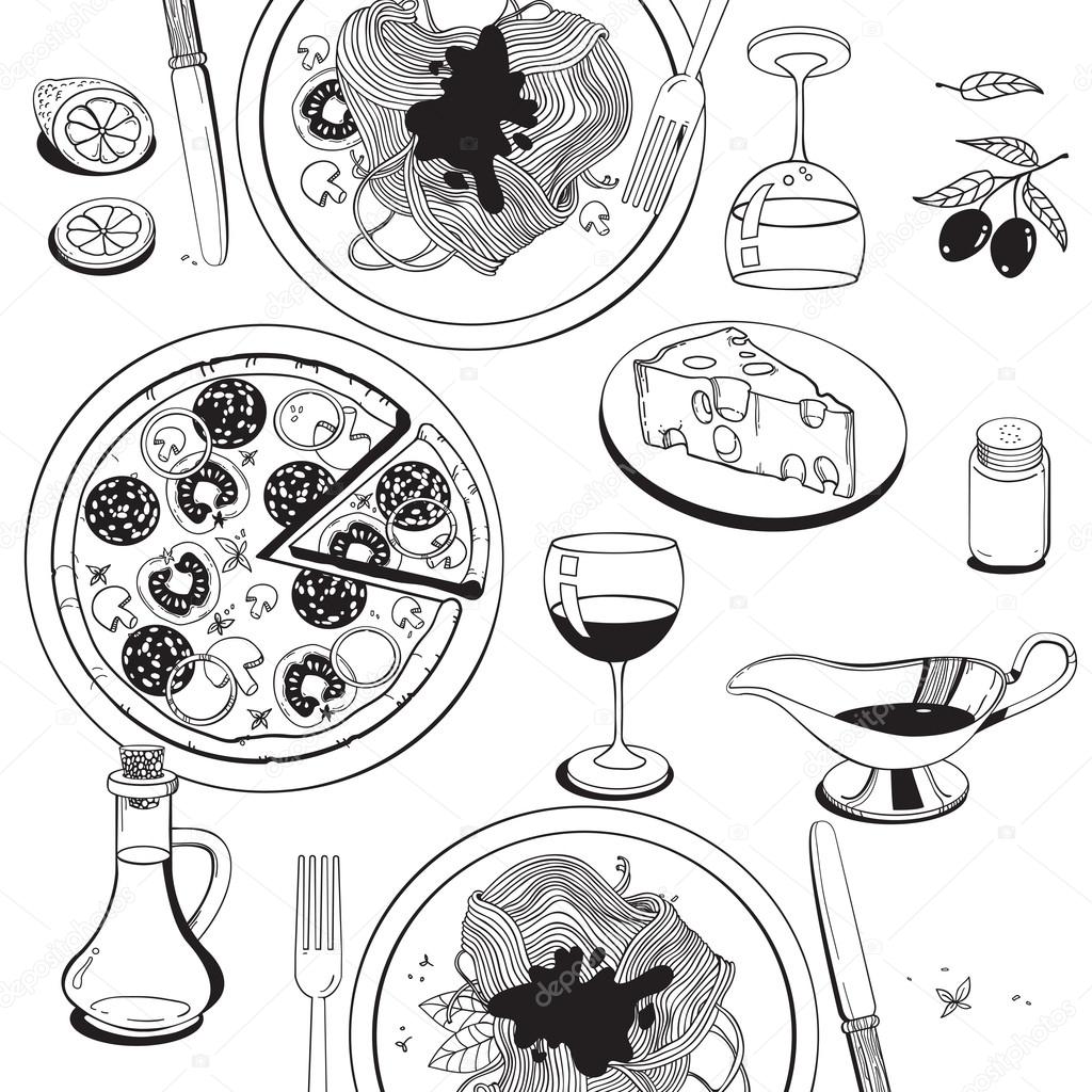 1024x1024 Hand Drawn Objects On Italian Food Theme Pizza, Pasta, Tomato