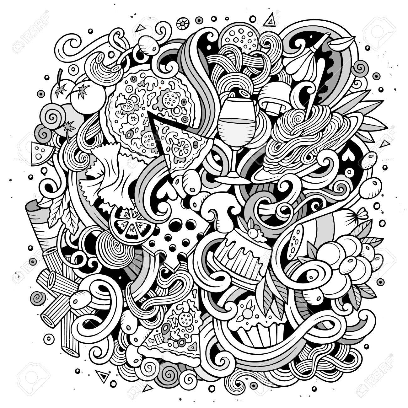 1300x1300 Cartoon Cute Doodles Hand Drawn Italian Food Illustration. Line