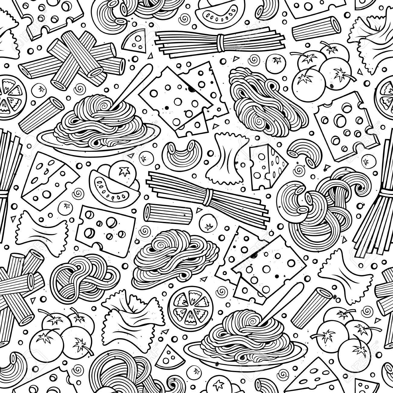 1300x1300 Cartoon Cute Hand Drawn Italian Food Seamless Pattern. Line Art