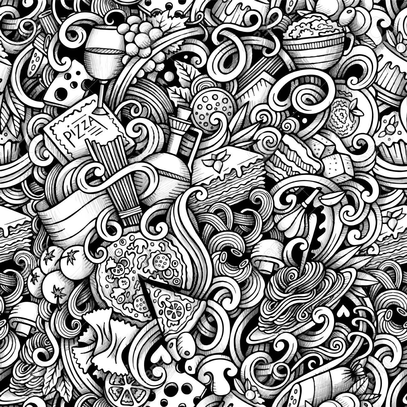 1300x1300 Cartoon Hand Drawn Italian Food Doodles Seamless Pattern. Trace