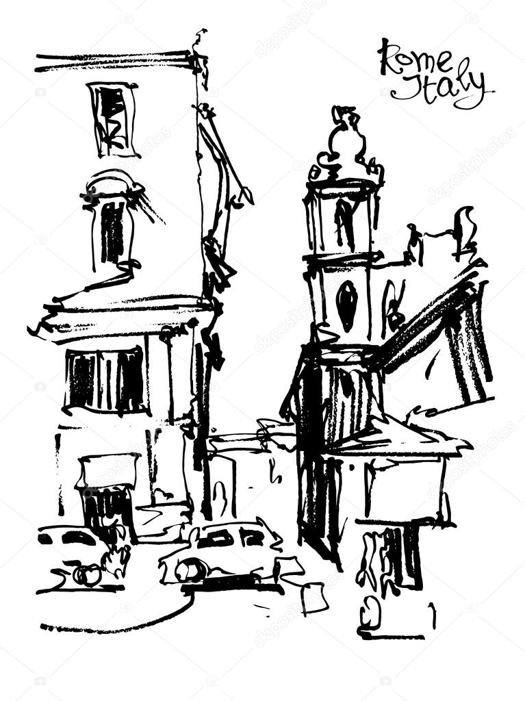 767x1024 Black And White Freehand Sketch Drawing Of Rome Italy Landscape