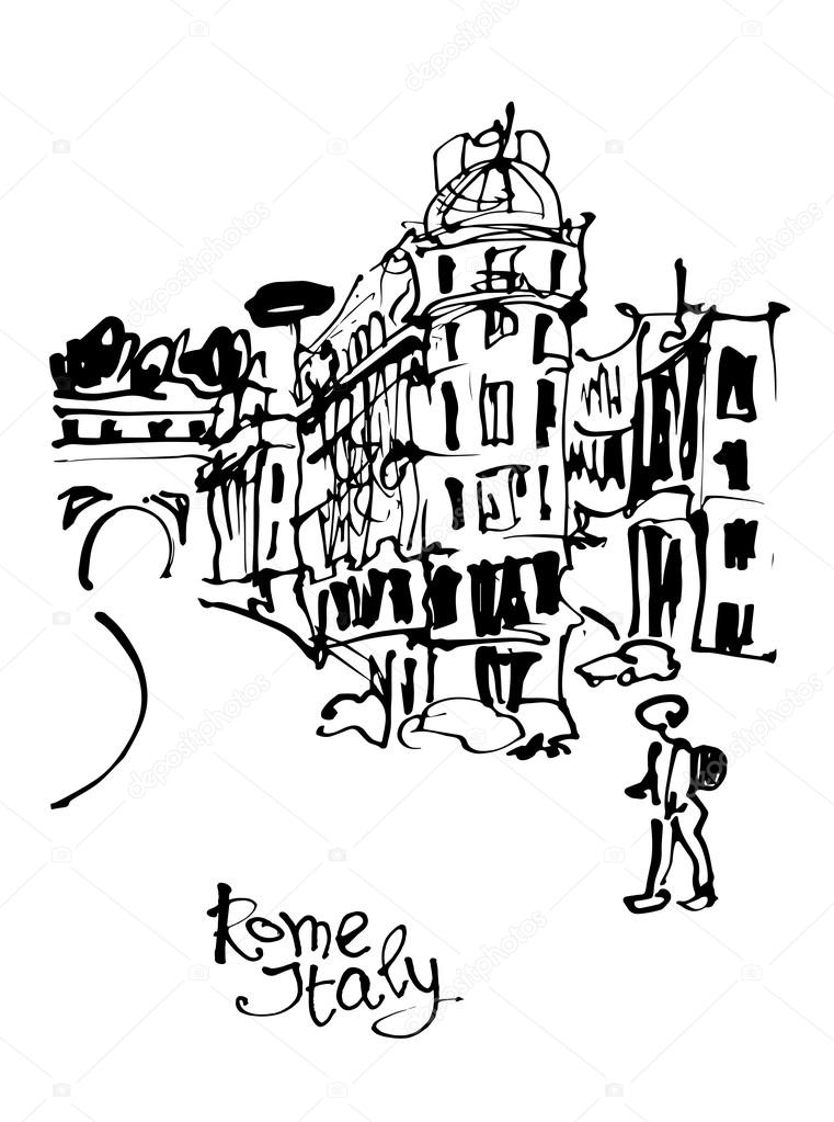 761x1023 Black And White Sketch Hand Drawing Of Rome Italy Famous Citysca