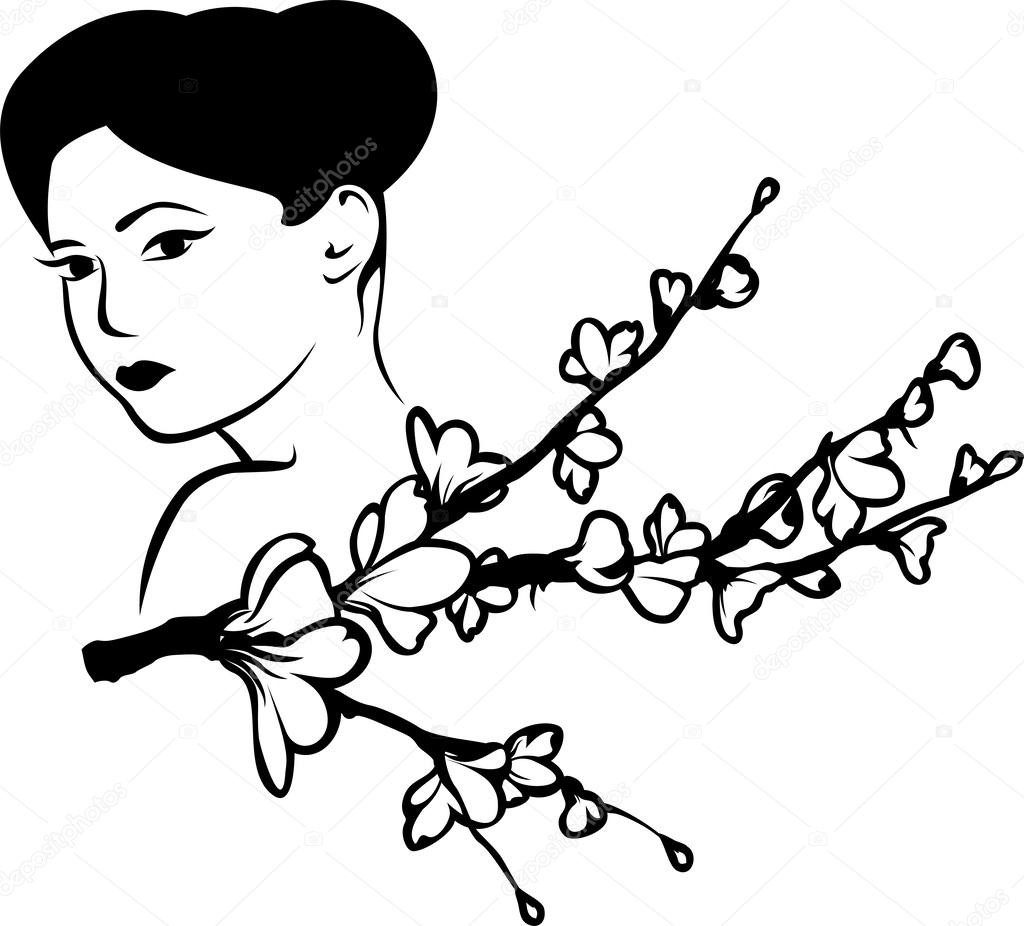 1024x926 Beautiful Japanese Woman With A Branch Of Cherry Blossom Stock